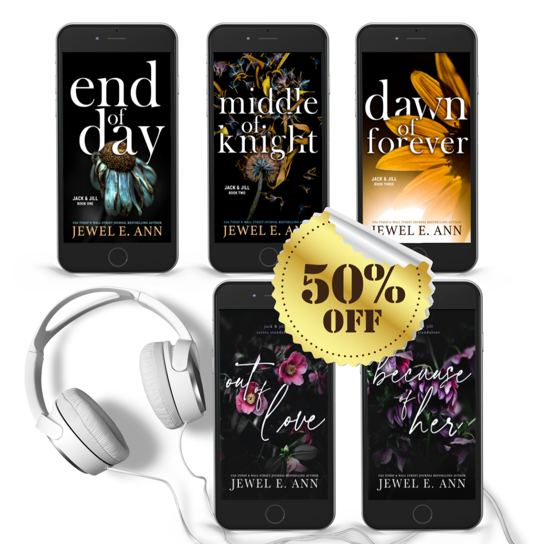 Mockup of 5 phones with 5 different book covers on each from the Jack & Jill Series by Jewel E. Ann a romantic suspense series audiobooks. Includes a pair of headphones to the side with 50% off sticker