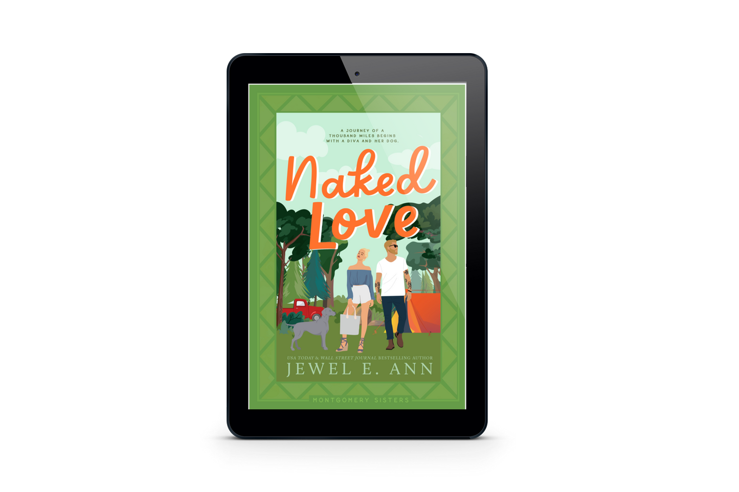 ebook mockup of the illustrated Naked Love cover by Jewel E Ann, a contemporary romance and rom-com