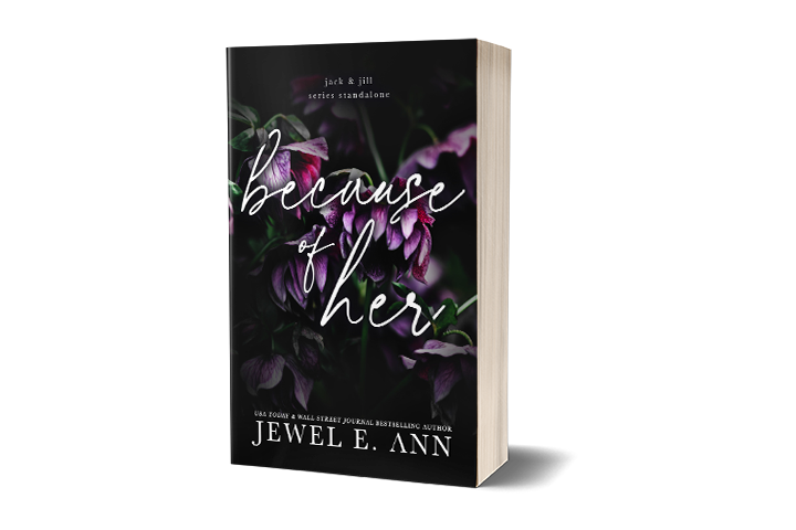 Paperback book mockup up of a cover of Because of Her by Jewel E. Ann a romantic suspense novel.