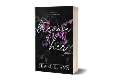 Paperback book mockup up of a cover of Because of Her by Jewel E. Ann a romantic suspense novel.