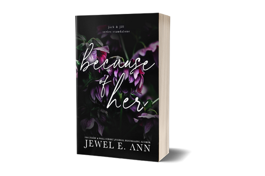 Paperback book mockup up of a cover of Because of Her by Jewel E. Ann a romantic suspense novel.