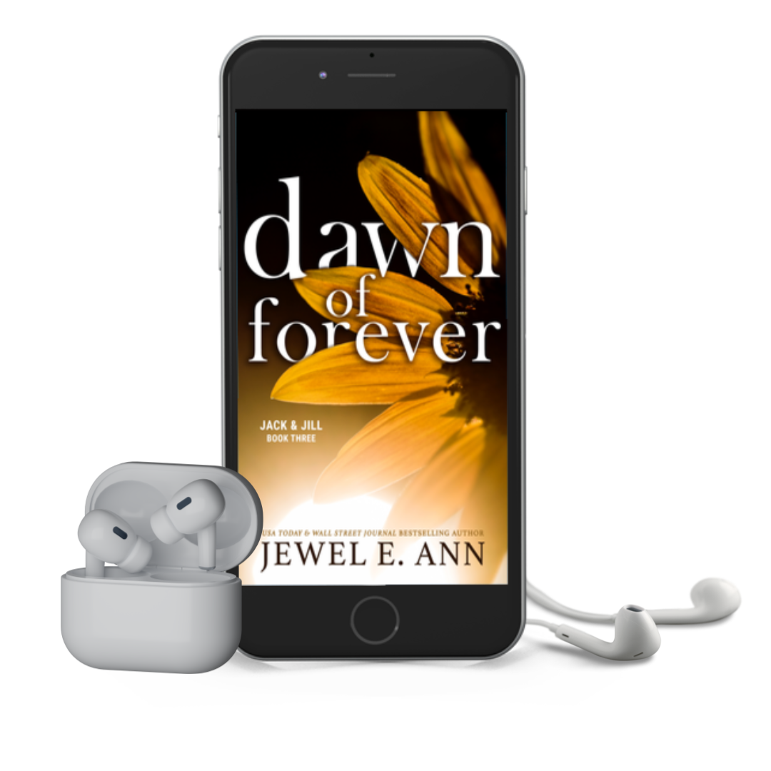 Mockup of a phone and earbuds with the Dawn of Forever cover by Jewel E Ann, a romantic suspense audiobook