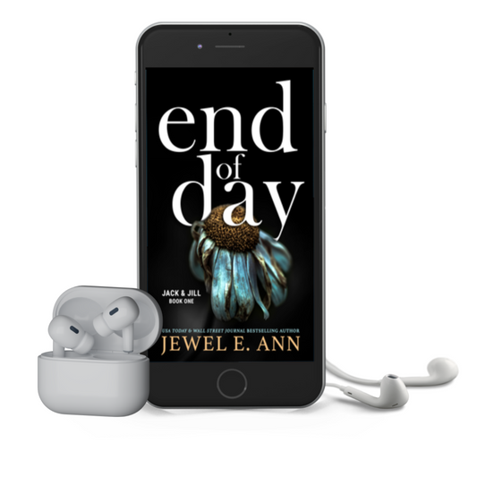 Mockup of a phone and earbuds with the End of Day cover by Jewel E Ann, a romantic suspense audiobook