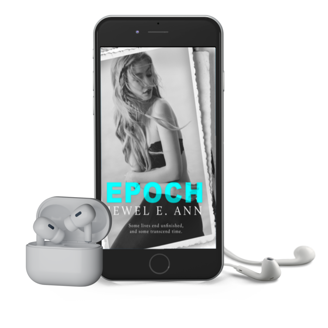 Mockup of a phone and earbuds with the Epoch cover by Jewel E Ann, a contemporary romance audiobook