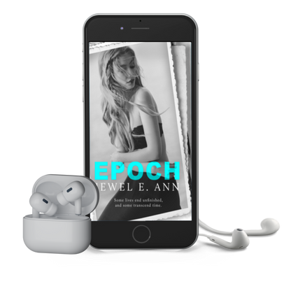 Mockup of a phone and earbuds with the Epoch cover by Jewel E Ann, a contemporary romance audiobook