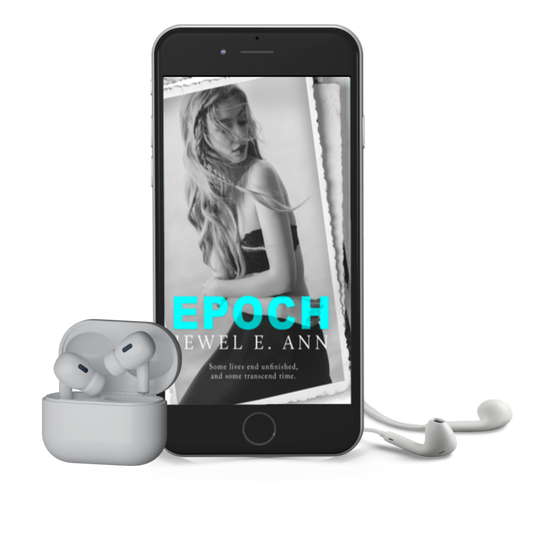 Mockup of a phone and earbuds with the Epoch cover by Jewel E Ann, a contemporary romance audiobook