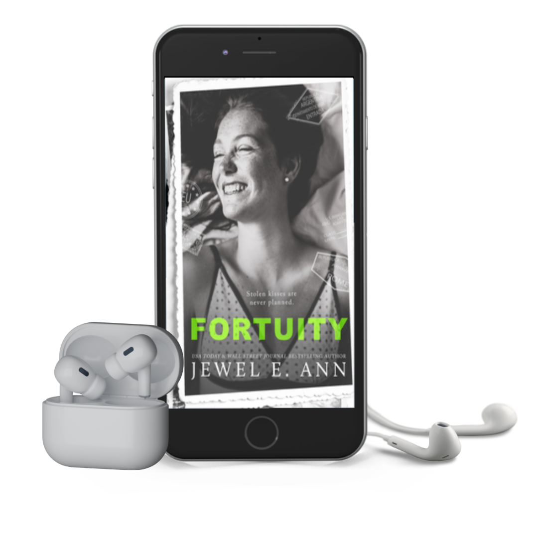 Phone and earbud mockup up of a cover of Fortuity by Jewel E. Ann a contemporary romance audiobook