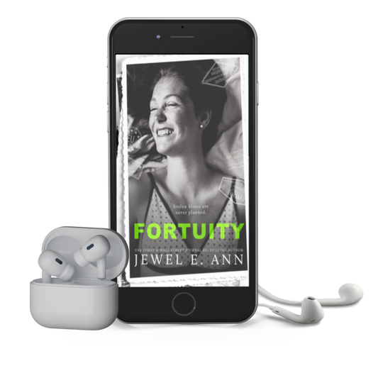 Phone and earbud mockup up of a cover of Fortuity by Jewel E. Ann a contemporary romance audiobook