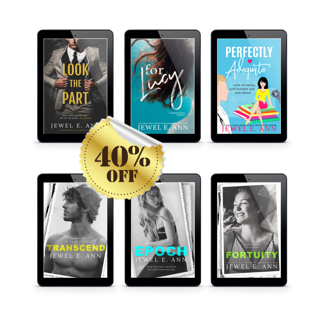 6 ebook covers of single dad books by Jewel E. Ann with a 40% off sticker including Look the Part, For Lucy, Perfectly Adequate, Transcend, Epoch and Fortuity.