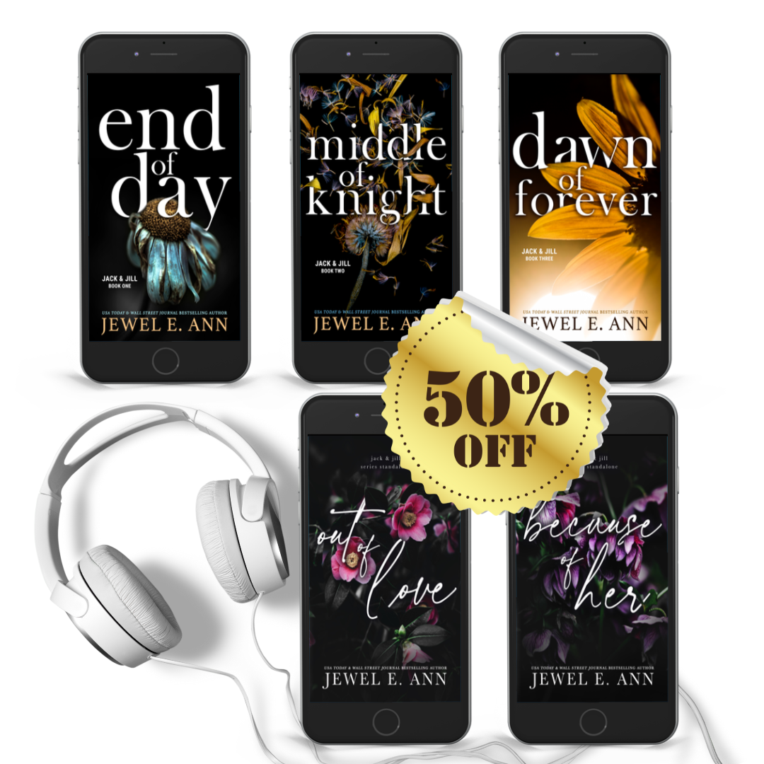 Mockup of 5 phones with 5 different book covers on each from the Jack & Jill Series by Jewel E. Ann a romantic suspense series audiobooks. Includes a pair of headphones to the side  with 50% off sticker