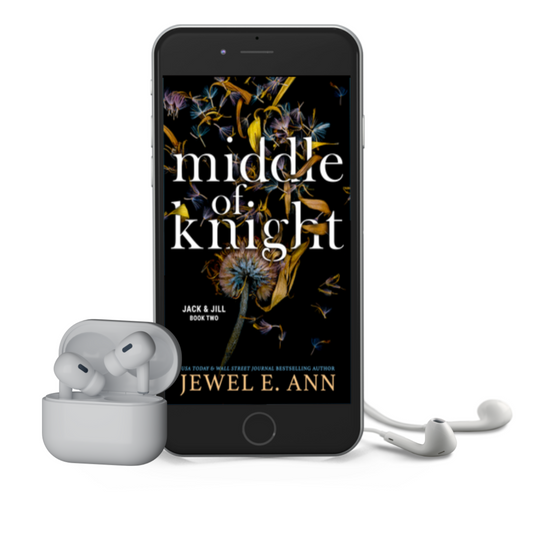 Mockup of a phone and earbuds with the Middle of Knight cover by Jewel E Ann, a romantic suspense audiobook