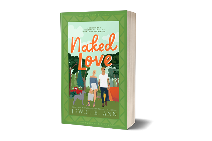 paperback mockup of the illustrated Naked Love cover by Jewel E Ann, a contemporary romance and rom-com