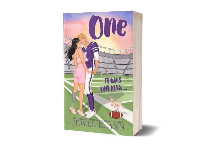 paperback mockup of the illustrated cover of One by Jewel E Ann, a contemporary romance and romantic comedy