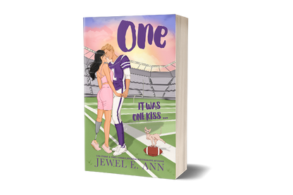 paperback mockup of the illustrated cover of One by Jewel E Ann, a contemporary romance and romantic comedy