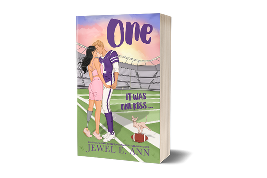 paperback mockup of the illustrated cover of One by Jewel E Ann, a contemporary romance and romantic comedy