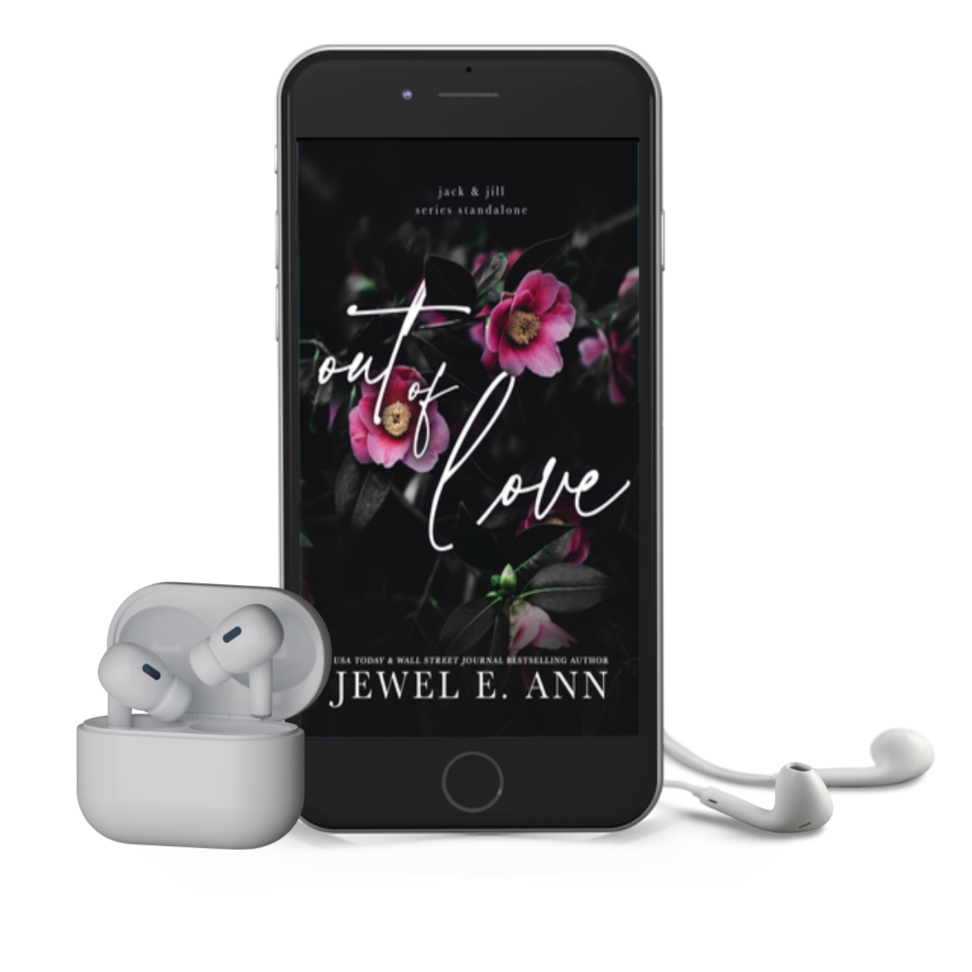 Mockup of a phone and earbuds with the Out of Love cover by Jewel E Ann, a romantic suspense audiobook