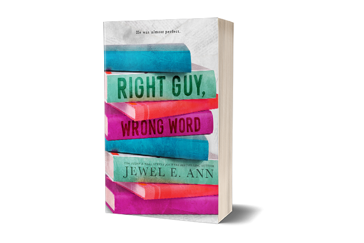 paperback mockup of the cover of Right Guy, Wrong Word by Jewel E. Ann, a contemporary romance