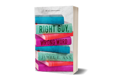 paperback mockup of the cover of Right Guy, Wrong Word by Jewel E. Ann, a contemporary romance