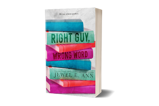 paperback mockup of the cover of Right Guy, Wrong Word by Jewel E. Ann, a contemporary romance