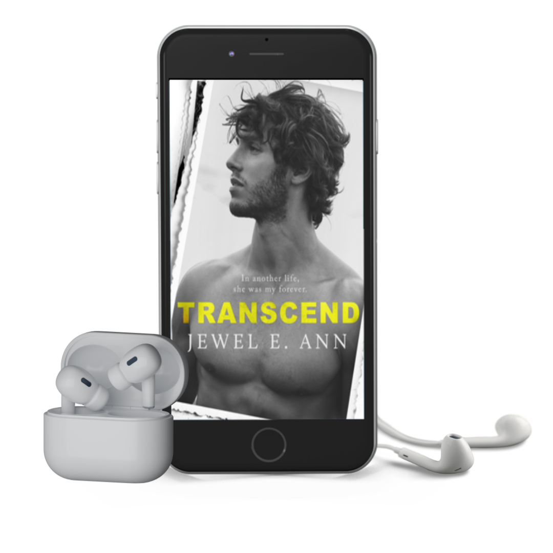 Mockup of a phone and earbuds of the cover for Transcend by Jewel E. Ann, a contemporary romance audiobook