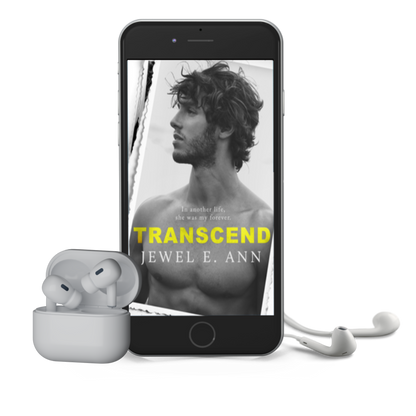 Mockup of a phone and earbuds of the cover for Transcend by Jewel E. Ann, a contemporary romance audiobook