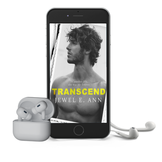 Mockup of a phone and earbuds of the cover for Transcend by Jewel E. Ann, a contemporary romance audiobook