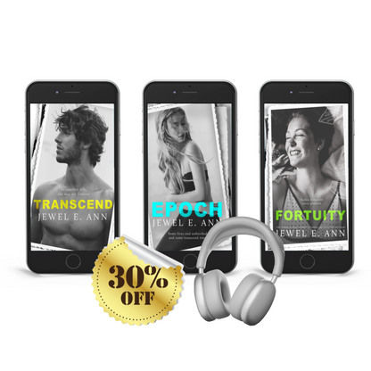 3 Mockups of a phone and headphones with the Transcend, Epoch and Fortuity covers on them by Jewel E Ann, a romantic contemporary romance. Includes gold 30% off sticker