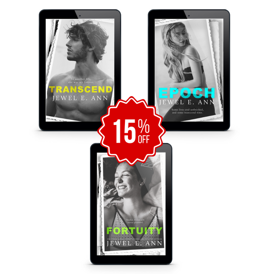 3 ebook mockups of the Transcend Series by Jewel E. Ann. Covers are Transcend, Epoch, and Fortuity with a red 15% off sticker