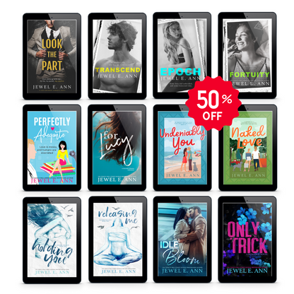 12 romance ebook covers of books by Jewel E. Ann with a 50% off sticker