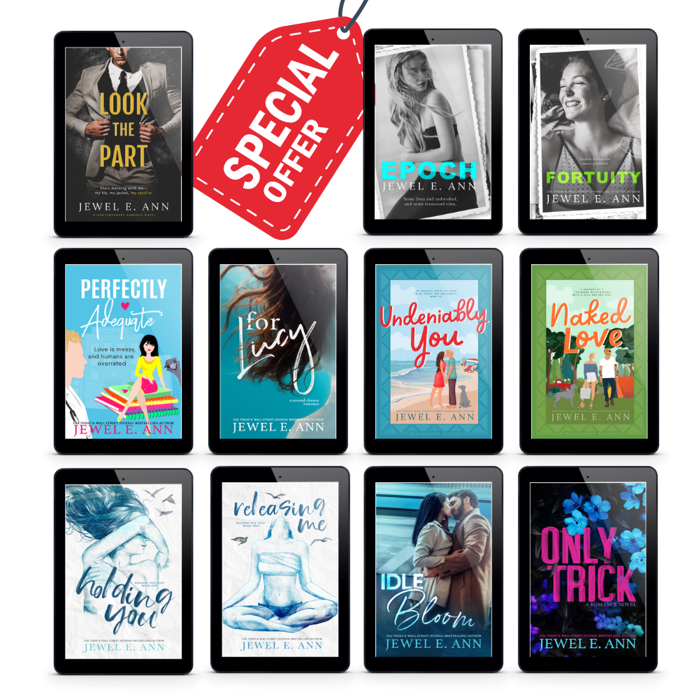 11 romance ebook covers of books by Jewel E. Ann with a special offer sticker on it.